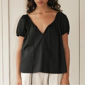 Deiji Studios One Panel Cotton Poplin Keyhole Tie Short Sleeve Blouse Top Black